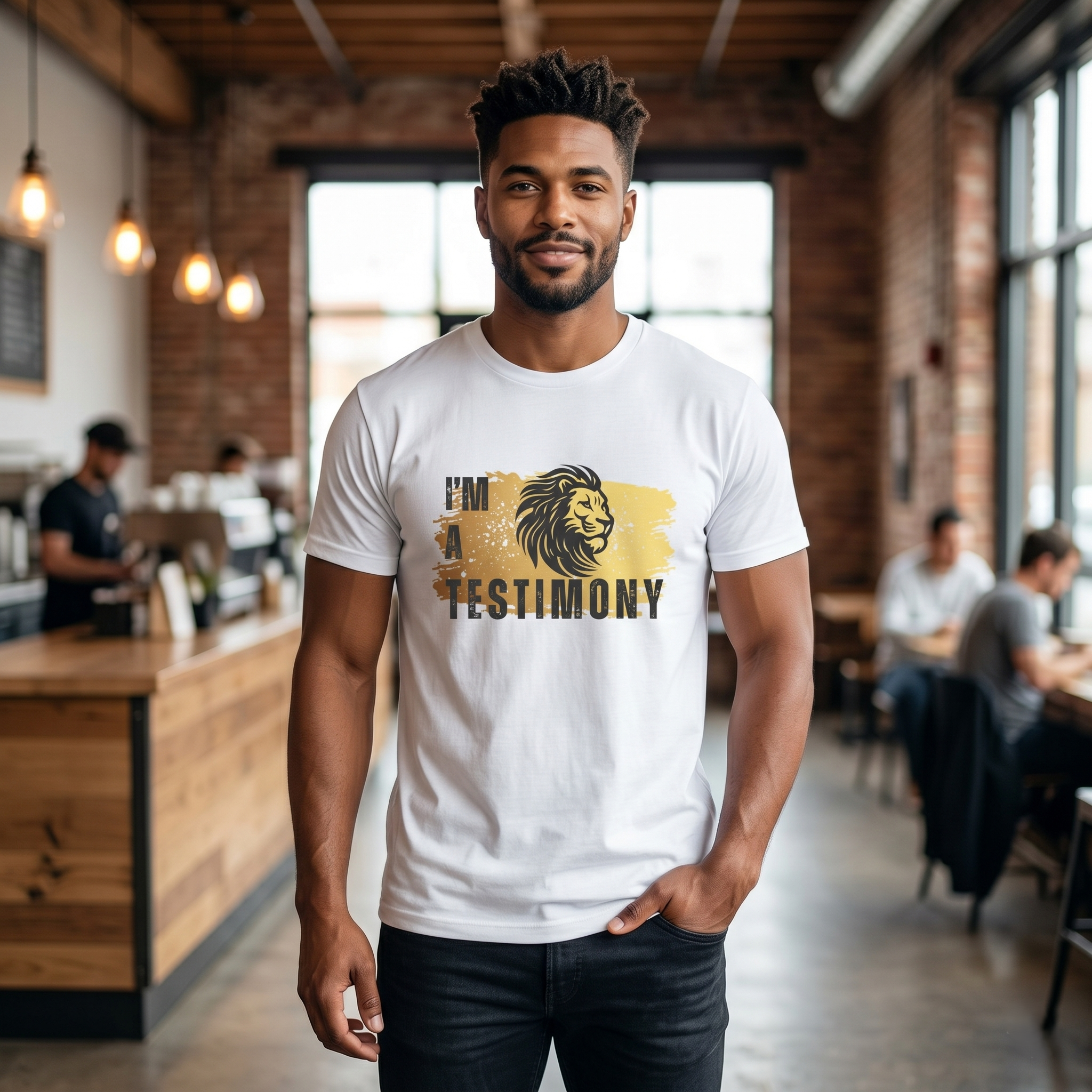 I'm A Testimony white tee with lion graphic worn by a model in a coffee shop